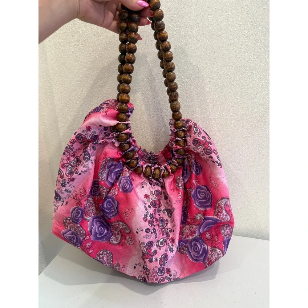 Pink Purple Floral Paisley Hobo Bag Wooden Bead Handle Satin Boho Handbag